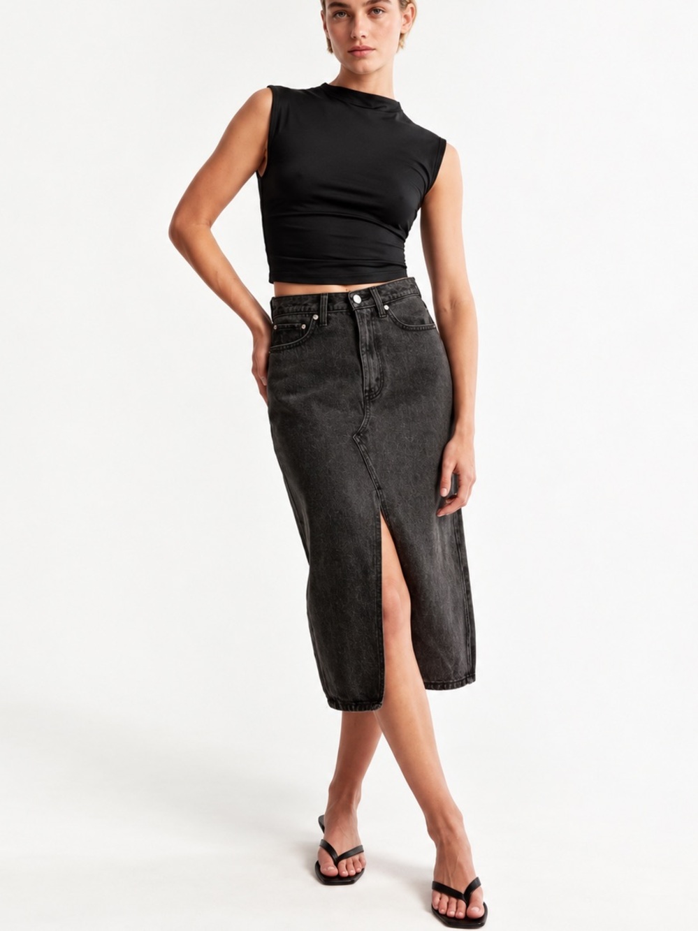 Abercrombie High Rise Denim Midi Skirt 27 Washed Black Front Slit 90s Minimalist - Picture 2 of 8